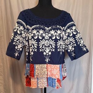 John Mark Navy Blue Embroidered Blouse with Multicolor Patchwork